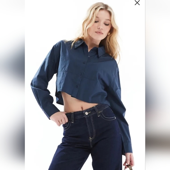 Pull & Bear Navy Blue Cropped Long Sleeve Shirt - Picture 2 of 7
